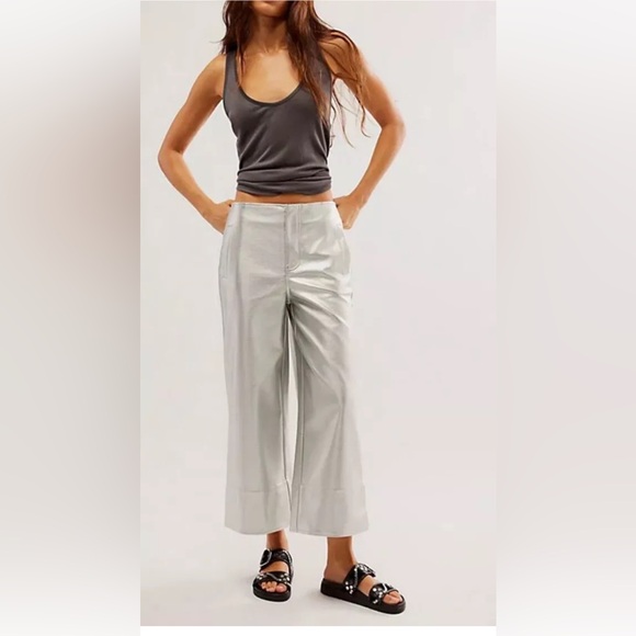 Free People Full Moon Vegan Gaucho Pants Wide Legs Metallic Leather Silver - Picture 2 of 6